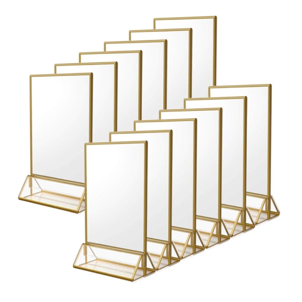 10 Pack 4 x 6 Clear Acrylic Sign Wedding Table Number Holder Stands Gold Borders